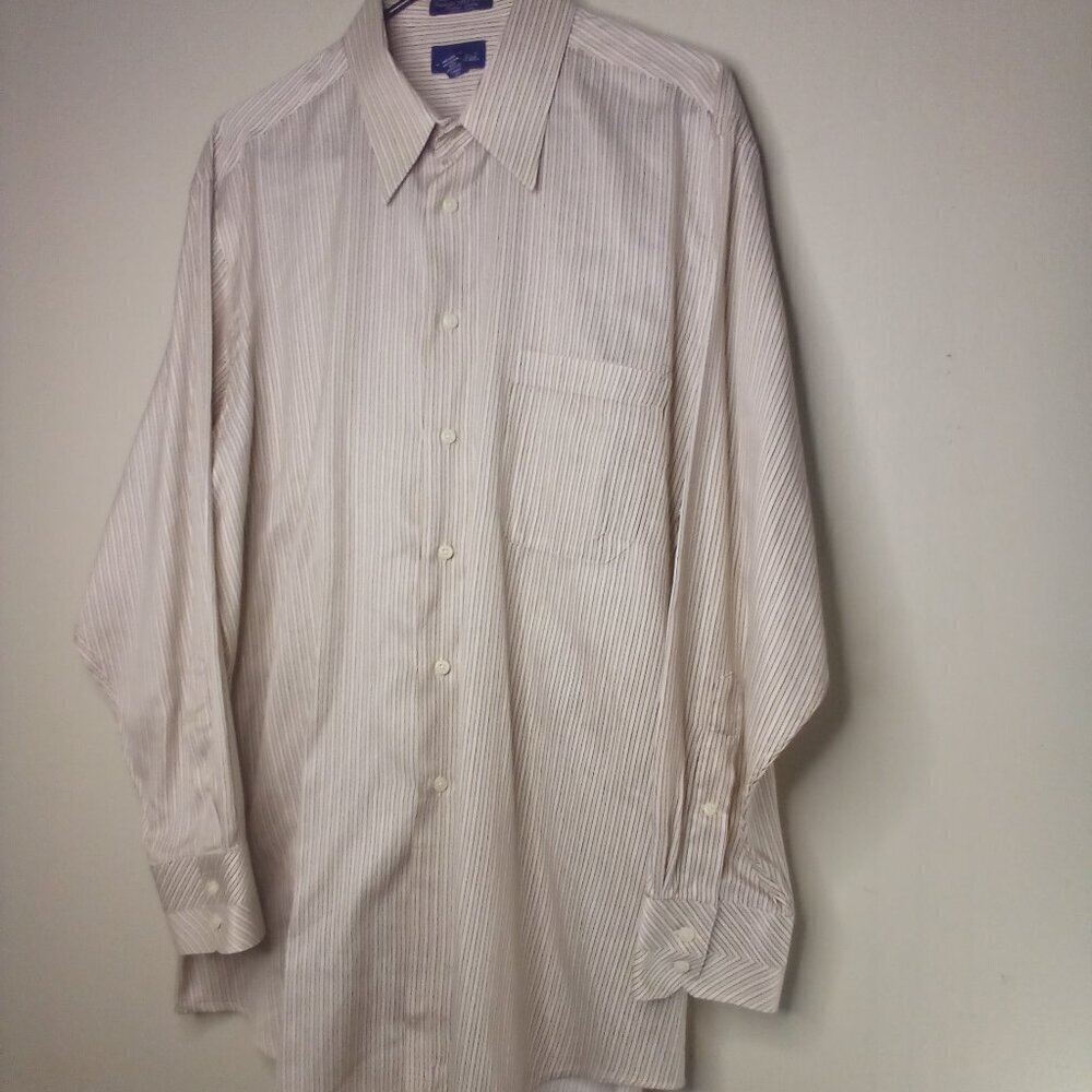 Paul Fredrick Shirt 17 34 Long Sleeve Button Up Pocket Cotton Stripe Tan White